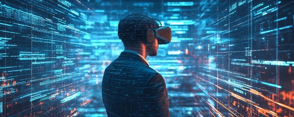 Aufkleber - Virtual Reality Businessman Navigates Immersive 3D Cyberspace Browsing Websites, Streaming Videos, Social Media Interaction, eCommerce Activities