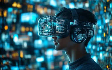 Aufkleber - Virtual Reality Businessman in 3D Cyberspace Browsing Websites, Streaming Videos, Engaging in Social Media, eBusiness Operations