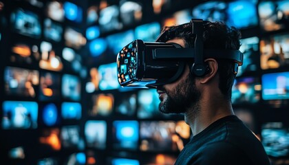 Aufkleber - Virtual Reality Businessman in Digital Cyberspace Engaging with Content Websites, Video Streaming, Social Media, eCommerce