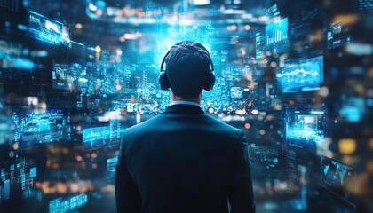 Aufkleber - Virtual Reality Businessman in Digital Cyberspace Engaging with Content Websites, Video Streaming, Social Media, eCommerce