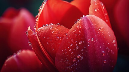 Wall Mural -   A close-up shot of a red tulip with droplets of water on its petals against a green backdrop