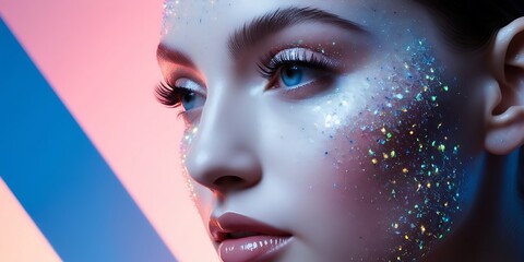 Pretty face of a young woman with beautiful skin looking healthy with bokeh, blue and pink colors and copy space , background for skincare or medical products (15)