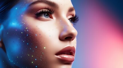 Pretty face of a young woman with beautiful skin looking healthy with bokeh, blue and pink colors and copy space , background for skincare or medical products (15)