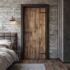 Wall Mural -   A cozy bedroom boasts a brick wall, white comforter on the bed, and a wooden door in its center