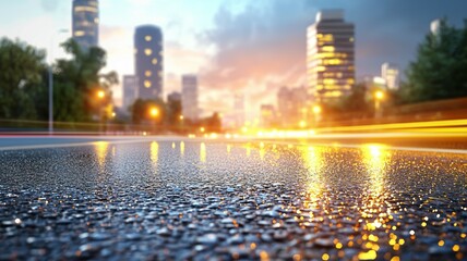 Sticker - A city street with a reflection of the city lights on the wet pavement