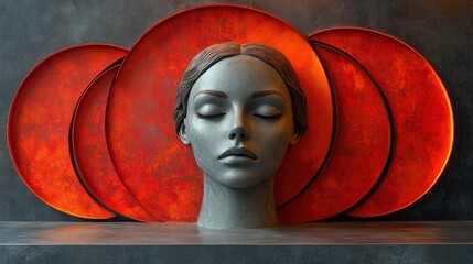 Poster - A sculpted head with vibrant circular backdrops in a modern setting.