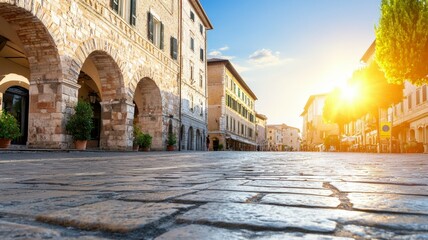 Canvas Print - A city street with a large archway and a large building in the background