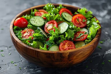 Wall Mural - Fresh Salad in Wooden Bowl