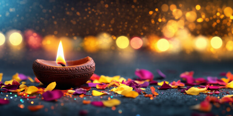 A beautifully lit oil lamp (diya) in the foreground, surrounded by vibrant flower petals and glowing bokeh lights in the background. The warmth and festive spirit, for depicting Diwali celebrations.