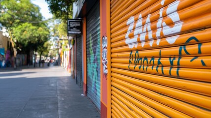 Canvas Print - A street with a graffiti covered orange door with the word 