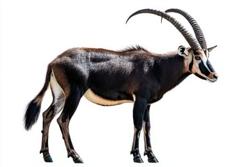 solitary sable antelope showcases its long, curved horns and rich black coat, gracefully poised agai