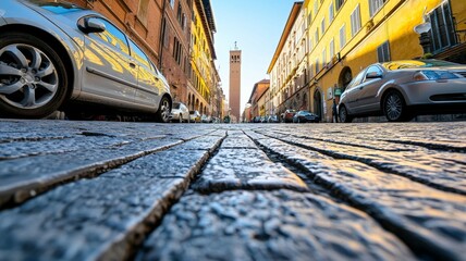 Canvas Print - A street scene with a row of cars parked on a brick road