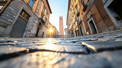 Canvas Print - A city street with a tall tower in the background