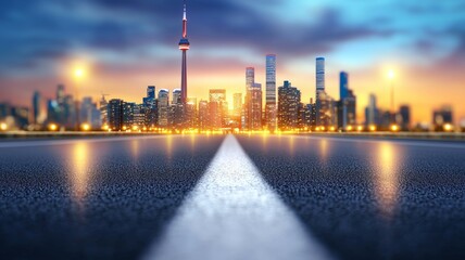 Wall Mural - A city skyline with a tall building in the middle and a street with a white line