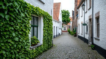 Canvas Print - A narrow cobblestone street lined with ivy and houses