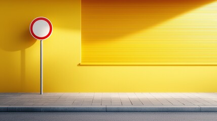 Canvas Print - A yellow wall with a red sign on a pole