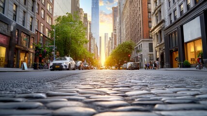 Sticker - A city street with a cobblestone road and a large building in the background