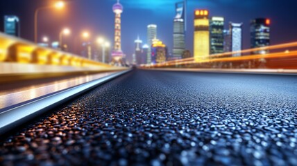 Canvas Print - A city street at night with a bridge in the background