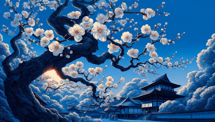 Serene artwork featuring a majestic cherry blossom tree in full bloom, framing traditional temple architecture. The scene is bathed in soft blue tones, creating a peaceful and tranquil atmosphere