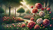 © Gudmundr - fantasy garden filled with vibrant blooming roses along a sunlit path. Lush trees and soft golden light create a peaceful and enchanting atmosphere
