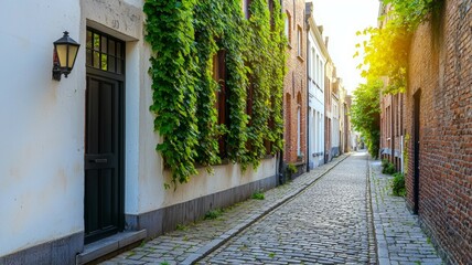 Sticker - A narrow brick street with a black door and green vines growing on the wall