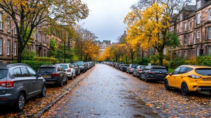 Wall Mural - A street with cars parked on both sides of the road