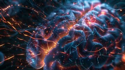 Wall Mural - An intricate close-up shot of an artificial brain, neural networks gradually growing and extending in a visually captivating manner, illuminated by pulsating lights mimicking a heartbeat