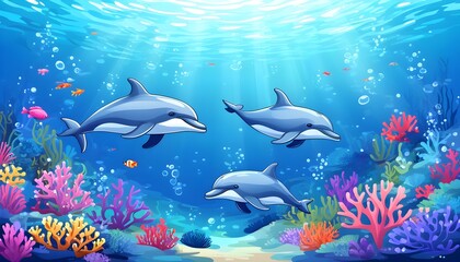 Playful cartoon dolphins swimming through vibrant corals and bubbles in a lively underwater scene