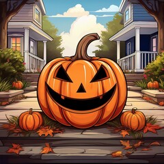 Jack O Lantern sitting in front of house. Cartoon Art.