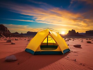 Camping tent in desert landscape, featuring tourism and travel sky, with vacation dune outdoor sunset, and adventure evening summer wilderness nobody in nature Africa background (48)