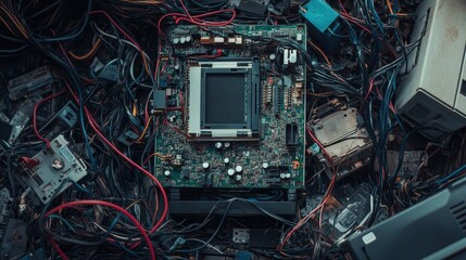 Sticker - Tangled Wires and Electronic Components of a Computer Motherboard