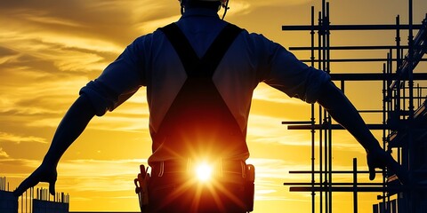 Construction site worker silhouette of a man as foreman and career builder on job, with architect in architecture industry during building work, for engineering, safety, and professional development (