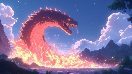 Wall Mural - Fiery Dragon in a Fantasy Landscape