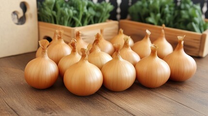 Canvas Print - Freshly Harvested Golden Onions on Wooden Table