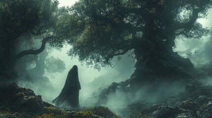 Canvas Print - A mysterious figure in a foggy, enchanted forest setting.