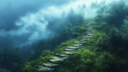 Canvas Print - A misty pathway through lush greenery, inviting exploration.