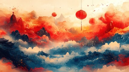 Sticker - A serene landscape with mountains, clouds, and lanterns at sunset.