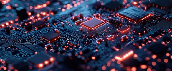 Wall Mural - close-up of a circuit board with glowing red lights