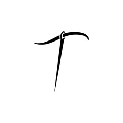 script letter initial t with sewing needle logo