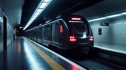 Night train at the station, with dark and light on the platform, representing subway and metro transportation, in an urban railway infrastructure (22)