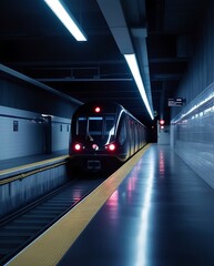 Night train at the station, with dark and light on the platform, representing subway and metro transportation, in an urban railway infrastructure (22)