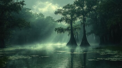 Wall Mural - Serene swamp landscape shrouded in mist and soft light.