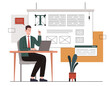 © Rudzhan - Copywriter with article. Man in suit with laptop writes articles for website. Copywriter and SEO specialist. Remote employee and freelancer. Poster or banner. Flat vector illustration