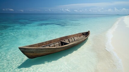 A lonely wooden boat floating peacefully in the clear blue sea, with white sand beach in the background and soft waves gently hitting the shore