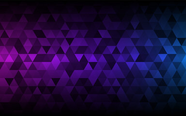 Wall Mural - Triangle background. Neon techno texture. Purple and blue light effect. Futuristic triangular wallpaper. Digital geometric design. Cyberpunk poster template. Vector illustration.