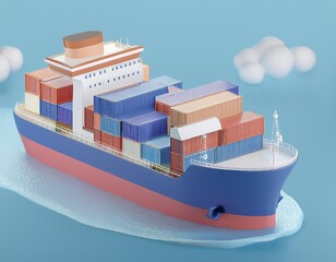 3D container ship loaded with cargo sails across a blue ocean, 3D isometric