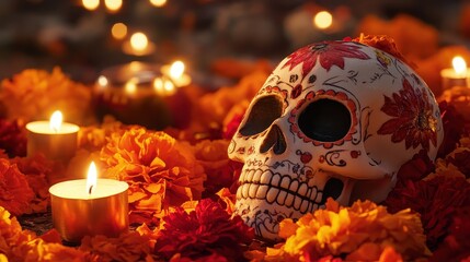 Vibrant Day of the Dead Celebration with Skull and Flowers