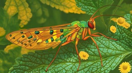 Wall Mural - Vibrant Green and Yellow Insect on a Leaf