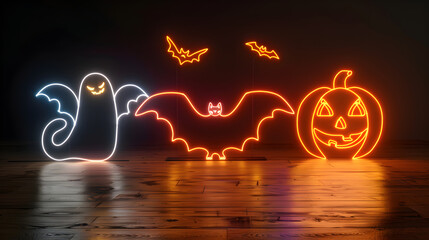 Sticker - neon halloween banner with copy space, on dark purple background pumpkin, ghost black cat and bats