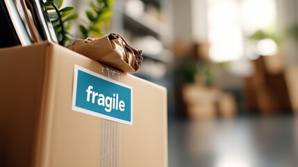 A parcel marked with a blue 'fragile' label next to a green plant, indicating fragile contents, safety, and careful handling in an indoor environment.